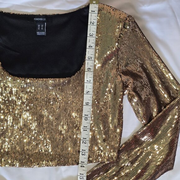 Forever 21 - Long Sleeve Gold Sequin Crop Top - Extra Small - Picture 3 of 10